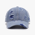 Distressed light blue washed denim baseball cap with vintage frayed holes - Medium Blue Denim with Matching Stitching