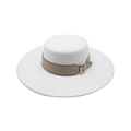 Detail view of white wool fedora hat with camel leather band and metallic buckle - M (56-58cm) / White