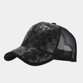 Close-up of black straw woven texture and breathable mesh on a trucker cap - Adjustable / Black