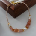 Tiger eye and orange gemstone beaded bracelet with natural pearls and golden clasp - Strawberry Crystal Bracelet SL0109