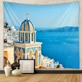 Santorini landscape tapestry with blue dome churches and ocean view for wall decoration - 73*95CM / Santorini Mediterranean Style (Brushed)