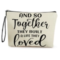 Trousse à maquillage en toile beige avec citation imprimée et dragonne noire pratique - 17*25cm / Style 6: Build a life they loved