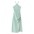 Elegantes mintgrünes Seidensatin-Schlupfkleid mit Rückenausschnitt und Schlitz - XS / Minzgrün