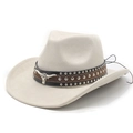Detailed view of western cattle skull buckle and silver studs on faux suede fedora - M (56-58cm) / Beige Suede