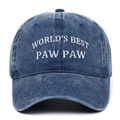 Close-up of World's Best Paw Paw white embroidery on navy blue washed cotton cap - Navy Blue