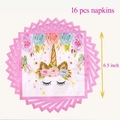 Detail of 16-piece rainbow unicorn party napkins with floral patterns and gold horn design - Rainbow Unicorn Napkins