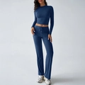 Slim fit navy blue ribbed long sleeve crop top and drawstring pants set for women - S / Sapphire Blue