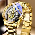 Golden automatic skeleton mechanical watch with hollow dial and gold metallic bracelet - Gold Metal Strap Gold Dial