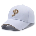 White baseball cap with mesh texture and gold embroidered P letter on a white background - Adjustable / White