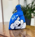 Blue knitted tote bag with white cartoon dog pattern and Hi- text on wooden table - Blue Hi Dog