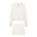 Elegant white knitted two-piece set with pearl trim cardigan and mini skirt for women - S / Milky White