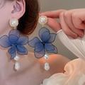 Exaggerated blue mesh petal earrings with tiered pearls for elegant beach vacation style - 107# Silver Needle - Blue