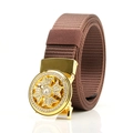 Brown nylon tactical belt for men with gold rhinestone automatic buckle and cross design - Gold F151 Round Rhinestone Cross (Coffee)