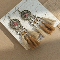 Detail of bohemian long fringe earrings with bronze metal hollow and silk tassels - Tricolor Tassel Bronze Style(E6317)