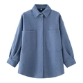 Blue wool-blend shirt jacket for women with double chest pockets and lapel collar design - S / Blue