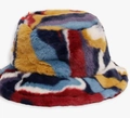 Colorful abstract print faux fur bucket hat with warm plush texture for winter style - Rainbow