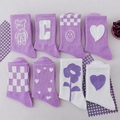 Chaussettes de sport mi-hautes en coton lavande et blanc avec motifs de cœur et d'ours - Motifs Mixtes (Série Violet de Rêve)