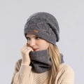 Winter knit beanie and neck warmer set in blue-gray mix with cable pattern texture - Rainbow Yellow