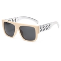 Fashionable beige square sunglasses featuring unique silver metal chain link temples - Pink Frame Silver Leg Gray Lens