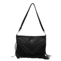 Gothic black faux leather crossbody bag with metal cross logo and fringe detail - Black