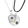 Magnetic sun and moon couple necklace set with silver finish and 100 languages projection - Sun & Moon Projection (Chain + Leather Cord)
