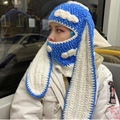 Handmade bunny ear Balaclava in royal blue with white cloud pattern for winter - Blue White Clouds