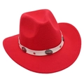 Close-up of red felt cowboy hat with white leather band and vintage metal buckle ornaments - Red