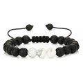 Adjustable hand-woven bracelet with black matte beads and white marble stone accents - Matte Black Agate + Natural White Turquoise
