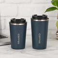 Navy blue stainless steel vacuum insulated coffee mugs in two sizes on marble desk - Normal Lid Blue