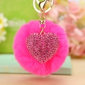 Sparkling diamond heart pendant with rose red fluffy pompom keychain in gold finish - Rose Red Heart + Rose Red Pom Pom