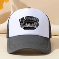 Close-up of white and grey Los Angeles mesh trucker hat with palm tree print details - Dark Gray
