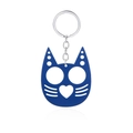 Detailed close-up of blue cat-shaped metal safety keychain with dual finger holes - Justice Cat Blue (K00636-05)