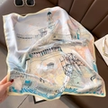 French retro silk scarf with light blue city landscape illustration and hand-rolled edges - 70*70cm / Ice Blue