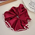 Elegant wine red satin oversized scrunchie with pearl trim and smooth glossy finish - Burgundy