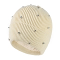 Detail view of rib-knit beanie with silver studs, rhinestones and thick fleece lining - Adult / Beige