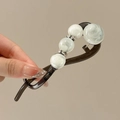 Pince à cheveux vintage française marron translucide avec perles et strass élégants - Pince Torsadée Perle Effet Marbre / 10.5cm / Blanc Dégradé