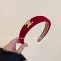 Elegant red velvet wide headband with golden metal hardware and soft beige inner lining - Celine Triomphe Velvet Style / Red