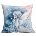 Blue Christmas cushion cover featuring a dreamy fairy illustration with flower crown - Contemplative Fairy (CDR350-6)