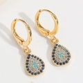 Golden hoop earrings featuring blue Evil Eye charms with pavé set zircon stones - Blue Tear Drop Evil Eye (ES2678)