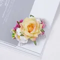Bohemian floral hair comb featuring a pale yellow rose and purple accents on metal base - FS09-2 Yellow