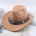 Khaki wollen vilt hoed met boheemse geweven band turquoise kralen en kwastjes - Eén maat 57-58cm / Etnische Geweven Band met Metalen Munt / camel