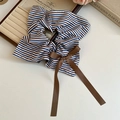 Detail of blue striped fabric hair scrunchie with long brown satin bow on velvet tray - Coffee Stripe Bow Scrunchie (Long)