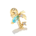 Macro shot of gold palm tree cartilage stud featuring blue zircon and screw ball back - Palm Tree (Blue/White)