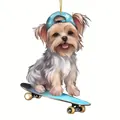 Cute Yorkshire Terrier with blue star hat on skateboard acrylic car hanging ornament - 18-Skateboard Yorkie Blue