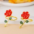Elegant red rose napkin ring with gold stem and green crystal leaves for table decor - Rose with Green Leaves
