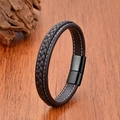 Detail of dark brown double-layer braided leather bracelet with black magnetic clasp - 19cm / Dark Brown/Black Clasp