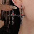 Gothic black cross earrings with rose vine relief and red heart stone detail - Gun Black Gothic Red Heart Rose Cross