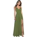 Robe de soirée élégante vert olive à fines bretelles, col en V et fente haute - US 14 / Haut Et Bas / Vert olive