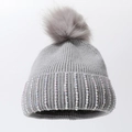 Grey winter knit beanie with fluffy pompom and iridescent rhinestone cuff embellishment - Gray