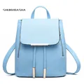 Fashion light blue synthetic leather backpack for women with drawstring and gold zippers - Sky Blue